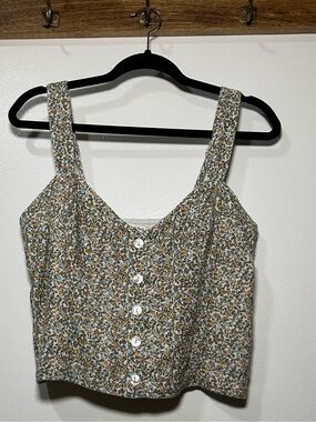 Abercrombie & Fitch Floral Button Crop Tank - White, Green, Brown